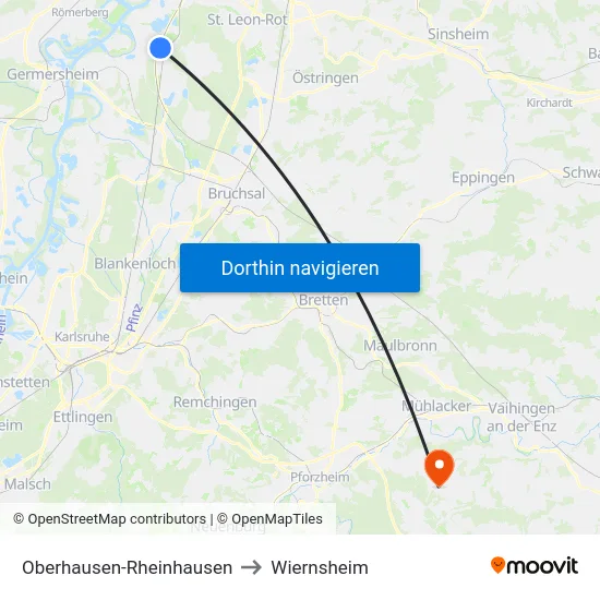 Oberhausen-Rheinhausen to Wiernsheim map