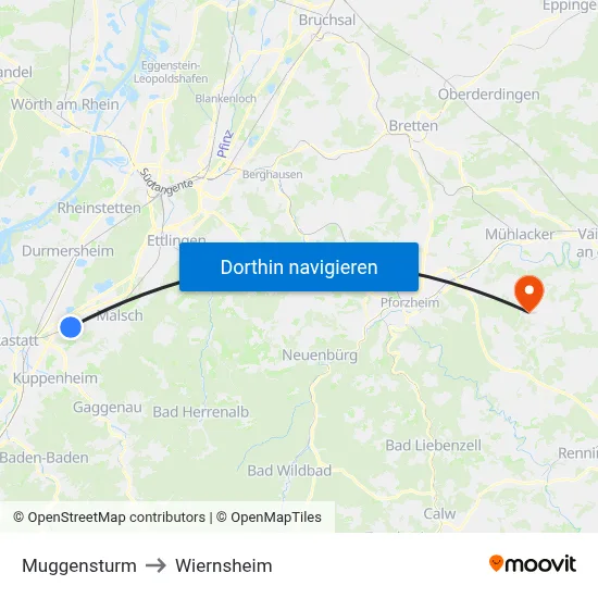 Muggensturm to Wiernsheim map