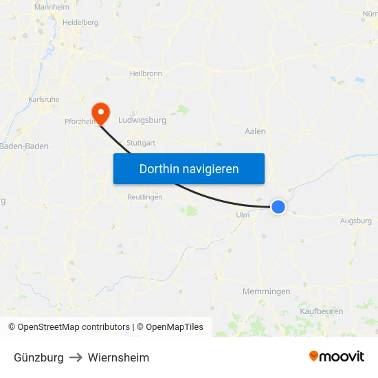 Günzburg to Wiernsheim map
