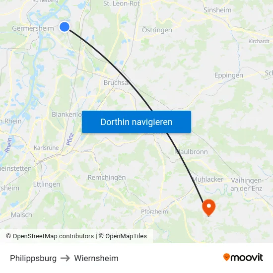 Philippsburg to Wiernsheim map