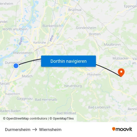 Durmersheim to Wiernsheim map