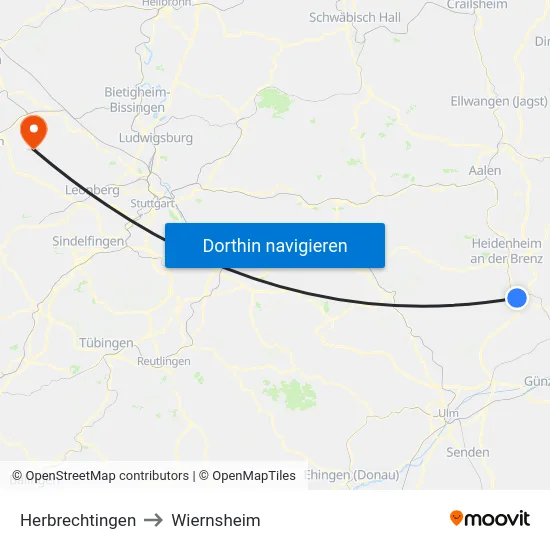 Herbrechtingen to Wiernsheim map