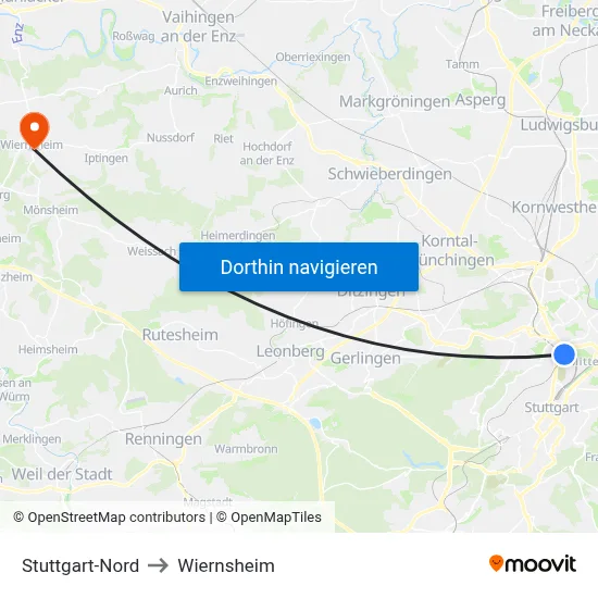Stuttgart-Nord to Wiernsheim map