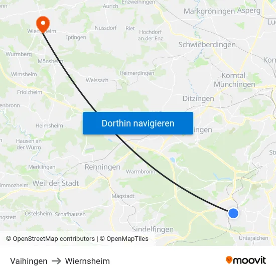 Vaihingen to Wiernsheim map