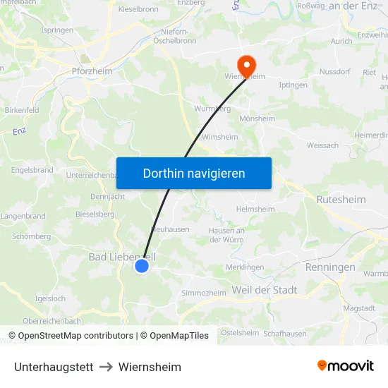 Unterhaugstett to Wiernsheim map