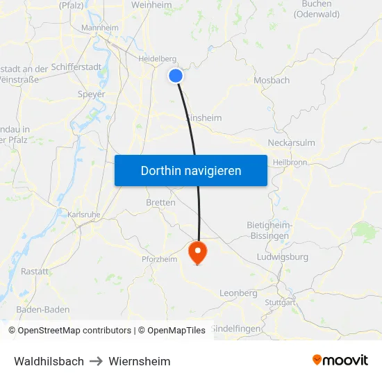 Waldhilsbach to Wiernsheim map