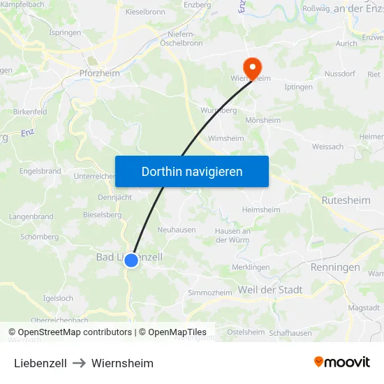 Liebenzell to Wiernsheim map
