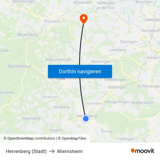 Herrenberg (Stadt) to Wiernsheim map