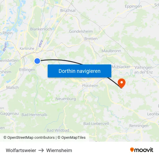 Wolfartsweier to Wiernsheim map