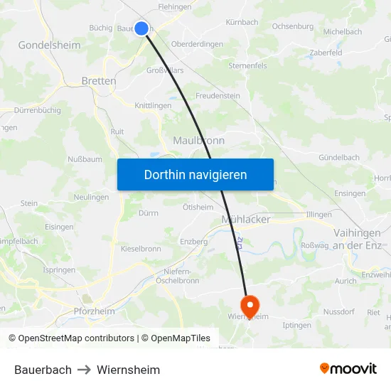 Bauerbach to Wiernsheim map