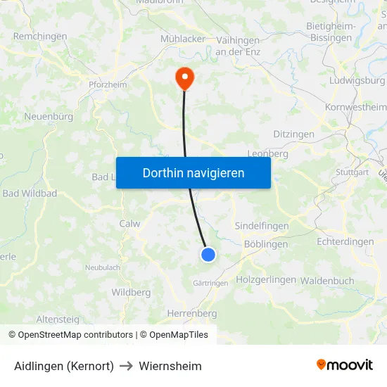 Aidlingen (Kernort) to Wiernsheim map