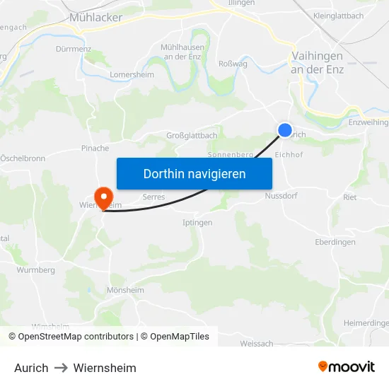 Aurich to Wiernsheim map