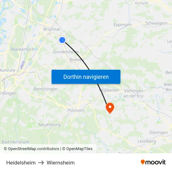 Heidelsheim to Wiernsheim map