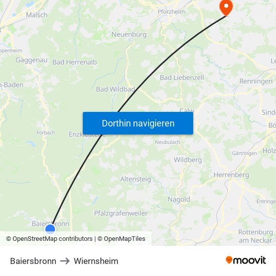 Baiersbronn to Wiernsheim map