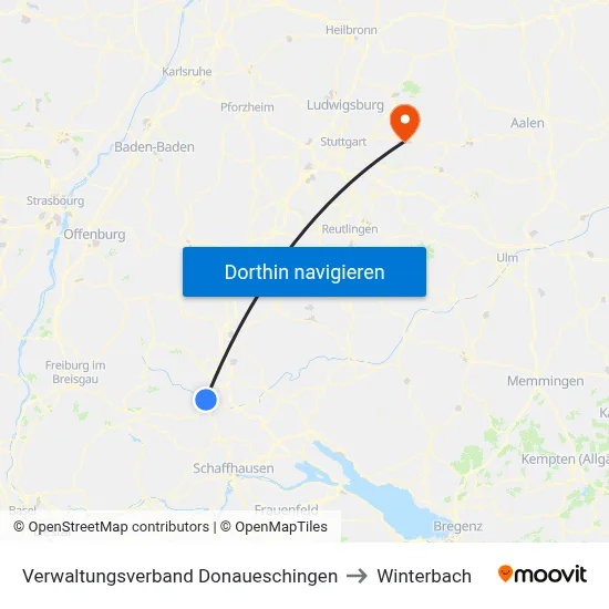 Verwaltungsverband Donaueschingen to Winterbach map