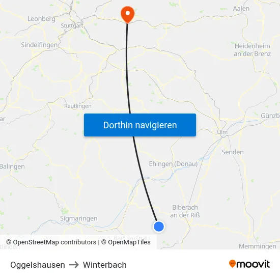 Oggelshausen to Winterbach map