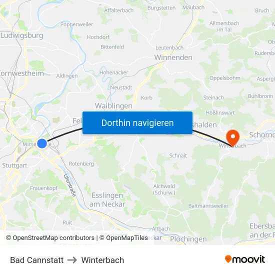 Bad Cannstatt to Winterbach map