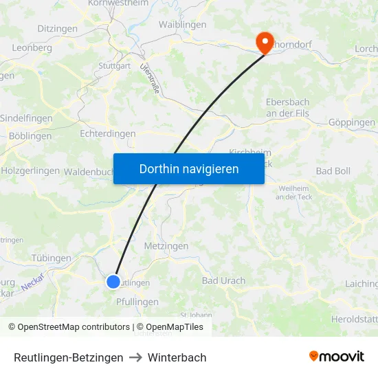 Reutlingen-Betzingen to Winterbach map