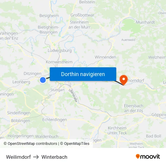 Weilimdorf to Winterbach map
