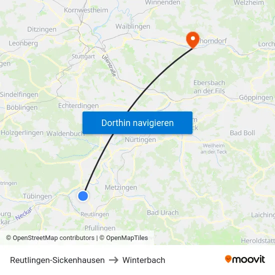 Reutlingen-Sickenhausen to Winterbach map