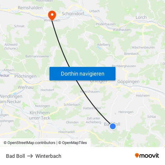 Bad Boll to Winterbach map