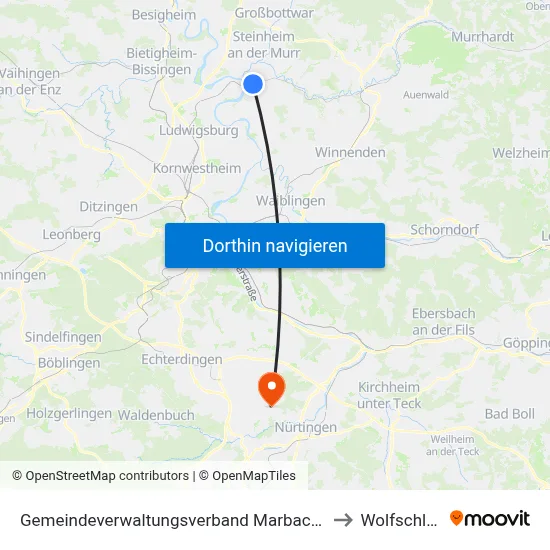 Gemeindeverwaltungsverband Marbach am Neckar to Wolfschlugen map