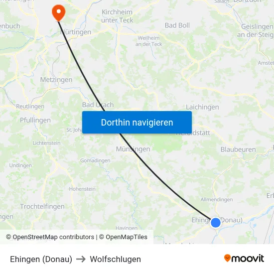 Ehingen (Donau) to Wolfschlugen map