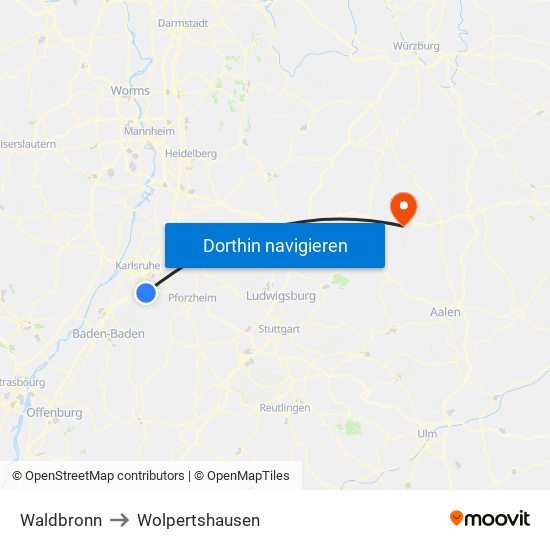 Waldbronn to Wolpertshausen map