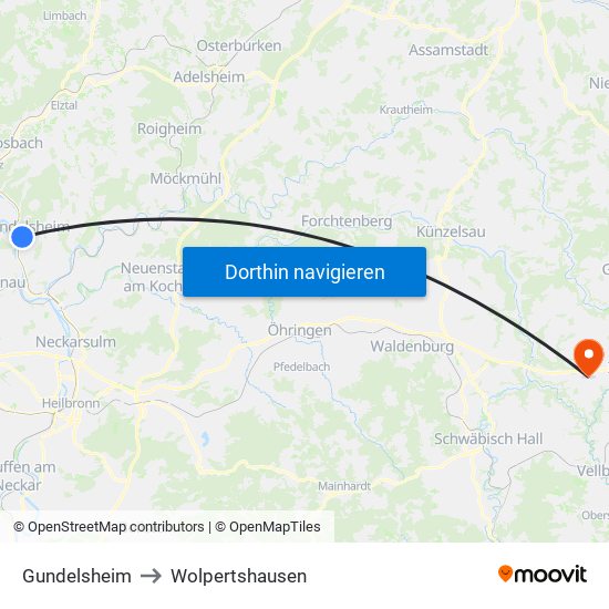 Gundelsheim to Wolpertshausen map