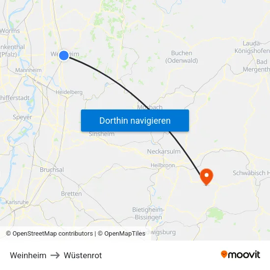 Weinheim to Wüstenrot map