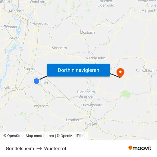 Gondelsheim to Wüstenrot map