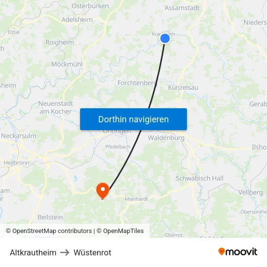 Altkrautheim to Wüstenrot map