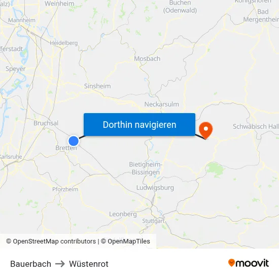 Bauerbach to Wüstenrot map