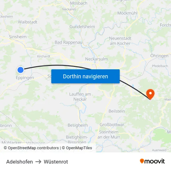 Adelshofen to Wüstenrot map
