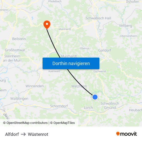Alfdorf to Wüstenrot map