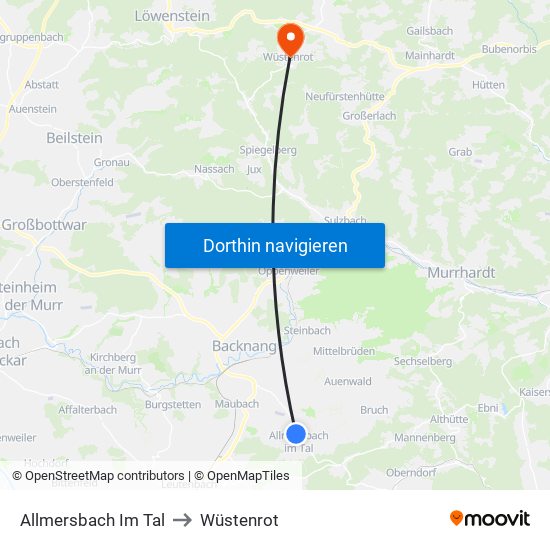 Allmersbach Im Tal to Wüstenrot map