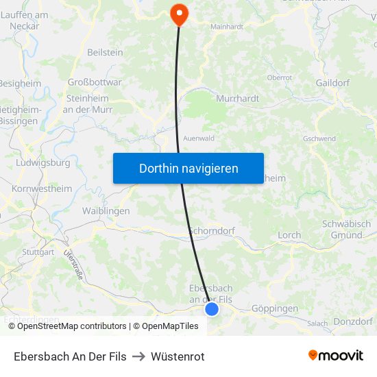 Ebersbach An Der Fils to Wüstenrot map