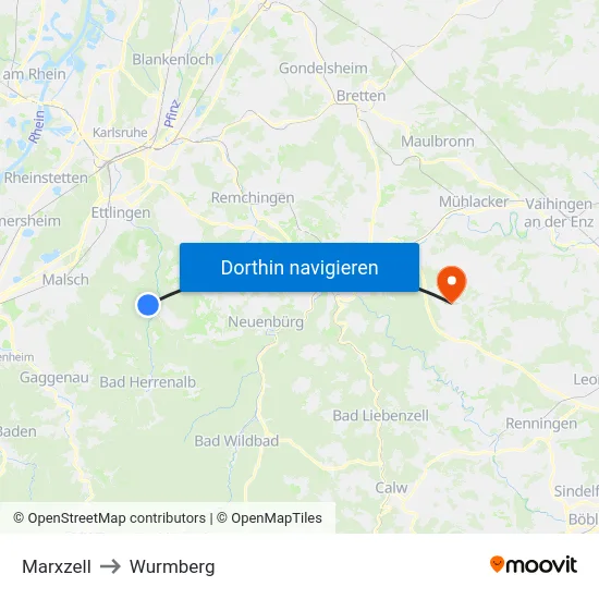 Marxzell to Wurmberg map
