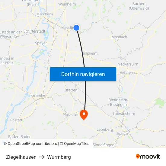 Ziegelhausen to Wurmberg map