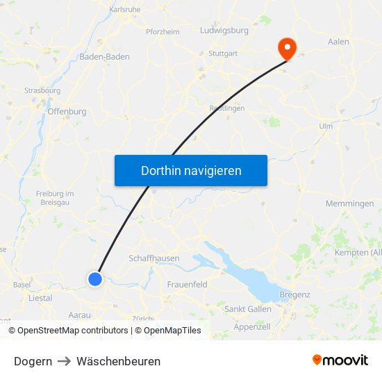 Dogern to Wäschenbeuren map