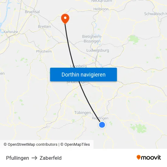 Pfullingen to Zaberfeld map