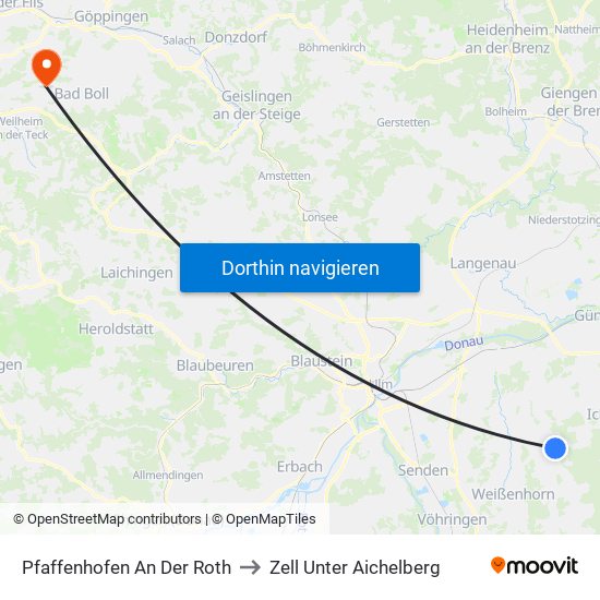 Pfaffenhofen An Der Roth to Zell Unter Aichelberg map