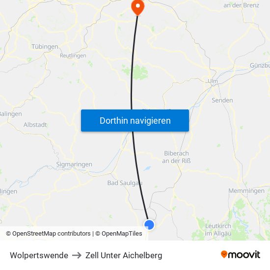 Wolpertswende to Zell Unter Aichelberg map