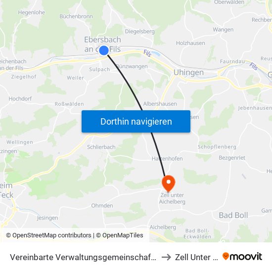 Vereinbarte Verwaltungsgemeinschaft Der Stadt Ebersbach An Der Fils to Zell Unter Aichelberg map