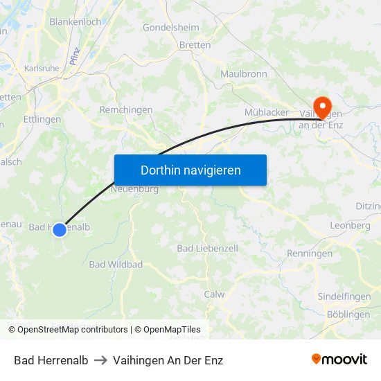 Bad Herrenalb to Vaihingen An Der Enz map