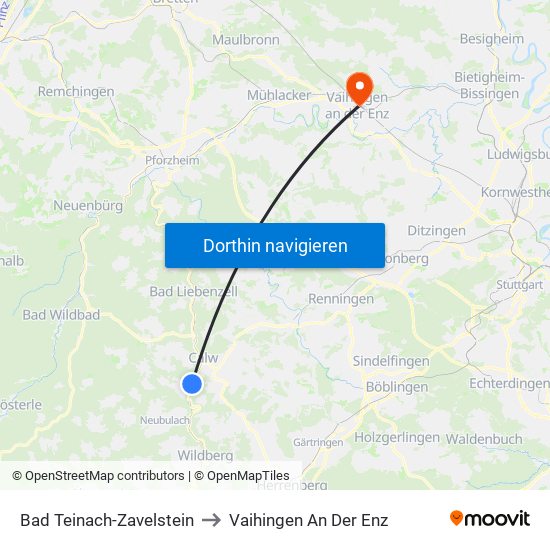 Bad Teinach-Zavelstein to Vaihingen An Der Enz map