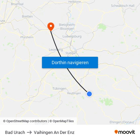 Bad Urach to Vaihingen An Der Enz map