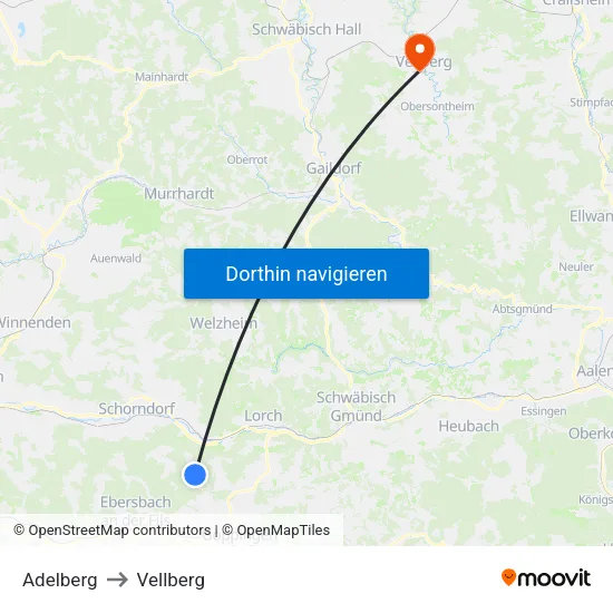 Adelberg to Vellberg map