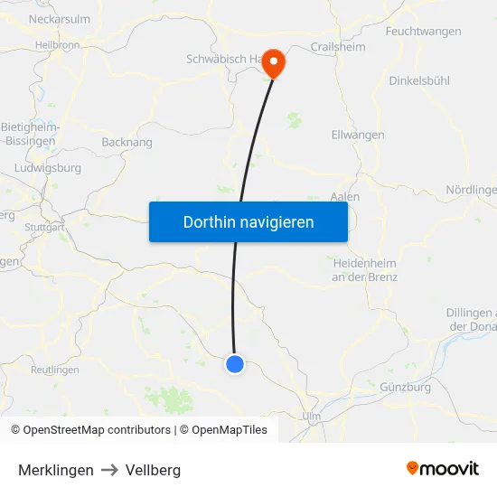 Merklingen to Vellberg map