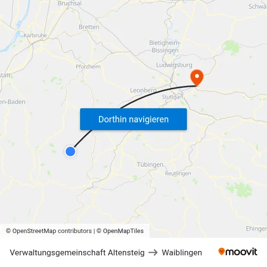 Verwaltungsgemeinschaft Altensteig to Waiblingen map